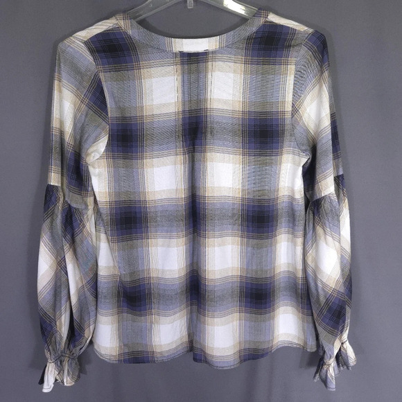 Blu Pepper Plaid Tunic Blouse Size Medium Lantern Sleeve Notch Neck Boho Western - Picture 5 of 8